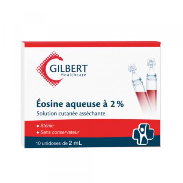 Éosine aqueuse à 2% Unidoses de la marque GILBERT, solution cutanée asséchante.