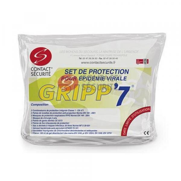 Le Set de protection pour épidémie virale Gripp'7 CONTACT SECURITE est un ensemble de dispositifs à usage unique pour lutter contre une épidémie virale.