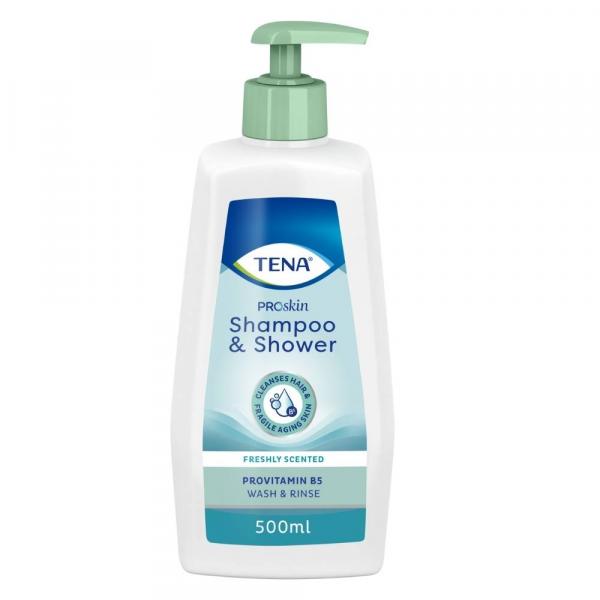 Le Shampoo & Shower TENA est un gel douche doux combiné à un shampoing hydratant pour le soin des peaux et des cheveux fragiles.